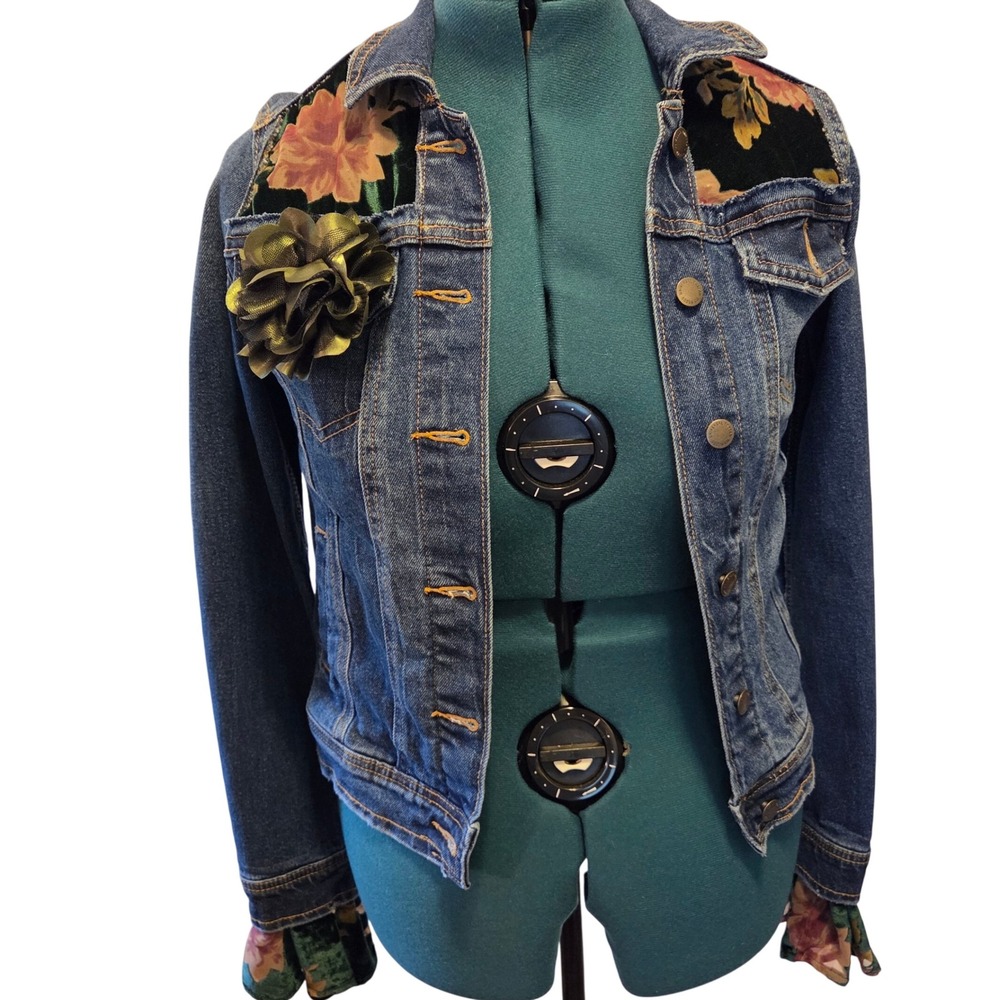 Upcycled Denim Jacket with Floral Sheer Green Panel Inlays Ruffled Sleeves XS - Picture 3 of 14